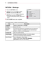 Page 6464CUSTOMIZING SETTINGS 
OPTION 1 Settings
1 Press the SETTINGS button.
2 Use the , , , or  button to select 
OPTION 1 and press the OK button.
3 Use the , , , or  button to set up the 
desired item and press the OK button. 
-   
To return to the previous menu, press the  
button.
4 Press the EXIT button when completed.
The available option 1 settings are described as follows.
ItemDescription
LanguageSelects a desired Menu Language.
3D ModeSelects 3D mode.
Auto Input 
Search
Automatically searches for and...