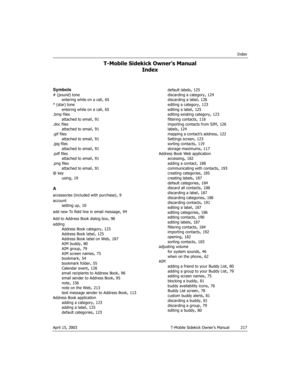 Page 217Index
April 15, 2003 T-Mobile Sidekick Owner’s Manual 217
T-Mobile Sidekick Owner’s Manual
Index
Symbols
# (pound) tone
entering while on a call, 65
* (star) tone
entering while on a call
, 65
.bmp files
attached to email
, 91
.doc files
attached to email
, 91
.gif files
attached to email
, 91
.jpg files
attached to email
, 91
.pdf files
attached to email
, 91
.png files
attached to email
, 91
@ key
using
, 19
A
accessories (included with purchase), 9
account
setting up
, 10
add new To field line in...