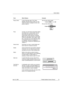 Page 24Device Basics
April 15, 2003 T-Mobile Sidekick Owner’s Manual  24
Pop-up menu A menu that pops open (“up”) when 
selected. Once the menu is open, you can 
rotate the wheel to highlight an item, then 
press to select it.Pop-up menu that’s closed:
Pop-up menu that’s open:
Press To press, you push down and quickly release 
the wheel, key, or control button. It’s the 
same action you take when you click a 
mouse button while using your computer. 
Before you can press an item on the screen 
(such as an OK...