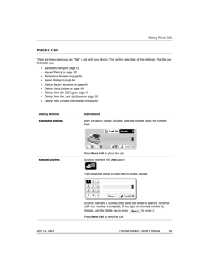 Page 63Making Phone Calls
April 15, 2003 T-Mobile Sidekick Owner’s Manual  63
Place a Call
There are many ways you can “dial” a call with your device. This section describes all the methods. Pick the one 
that suits you:
•
Keyboard Dialing on page 63
•
Keypad Dialing on page 63
•
Redialing a Number on page 64
•
Speed Dialing on page 64
•
Dialing Recent Numbers on page 64
•
Dialing Using Letters on page 64
•
Dialing from the Call Log on page 64
•
Dialing from the Look Up Screen on page 65
•
Dialing from Contact...