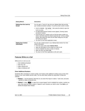 Page 65Making Phone Calls
April 15, 2003 T-Mobile Sidekick Owner’s Manual  65
Features While on a Call
While you’re on a call, you can:
• Enter Additional Numbers
• Mute Your Call
• Make a Second Call
• Make a Conference Call
Enter Additional Numbers
Sometimes after connecting to a phone number, you’ll need to enter additional numbers (such as menu item 
choices or your voice mailbox security code). You can enter these numbers by using either of these two 
methods:
•Method 1 - Use the keyboard. Note that you...