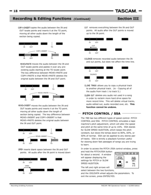 Page 18Recording & Editing FunctionsTA SCAM 788 Oper ational Tutorial  •  8/2000 Edition  
18
Section IIIRecording & Editing Functions  
The 788 has two different t ypes of speed control: PITCH
CONTROL and SSA.  PIT CH CONTROL simulates a tape
machines pitch adjustment, which will alter the speed 
and pitch at the same time of up to  ±6%.  S SA stands 
for SL OW SPEED A UDITION, which k eeps the pitch 
constant, but slows the tempo down to 85%, 65%, or 
50% of normal.  S SA can be applied to an y stereo pair...