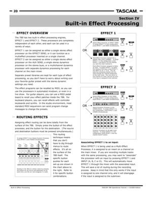 Page 20Built-In Effect ProcessingT A SCAM 788 Oper ational Tutorial  •  8/2000 Edition  
20
ROUTING EFFECTS
Section IV
Built-in Effect Processing
Associating EFFECT 1 to an input:
When
Processor , it is assigned to an insert on a channel on
the main mix er.  If y ou are recording multiple tr acks
with the same processing, y ou may want to associate 
the processor with an input b y pressing EFFECT 1 and 
INPUT (A, B, C or D).  This will automatically mo ve 
EFFECT 1 through the mix er with the associated input....