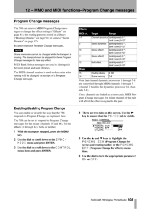 Page 10512 – MMC and MIDI functions–Program Change messages
 TASCAM 788 Digital PortaStudio 105
Program Change messages
The 788 can receive MIDI Program Change mes-
sages to change the effect settings (“Effects” on 
page 81), the routing patterns stored in a library 
(“Routing libraries” on page 91) or scenes (“Scene 
libraries” on page 92).
It cannot transmit Program Change messages.
NOTE
Scene memories cannot be changed while the transport is 
moving. The transport must be stopped for these Program 
Change...