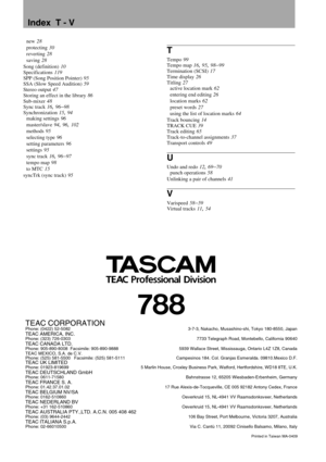 Page 128Index  T - V
new 28
protecting
 30
reverting
 28
saving
 28
Song (definition)
 10
Specifications
 119
SPP (Song Position Pointer)
 95
SSA (Slow Speed Audition)
 59
Stereo output
 47
Storing an effect in the library
 86
Sub-mixer
 48
Sync track
 16, 96–98
Synchronization
 15, 94
making settings
 96
master/slave
 94, 96, 102
methods
 95
selecting type
 96
setting parameters
 96
settings
 95
sync track
 16, 96–97
tempo map
 98
to MTC
 15
syncTrk (sync track)
 95
T
Tempo 99
Tempo map
 16, 95, 98–99...