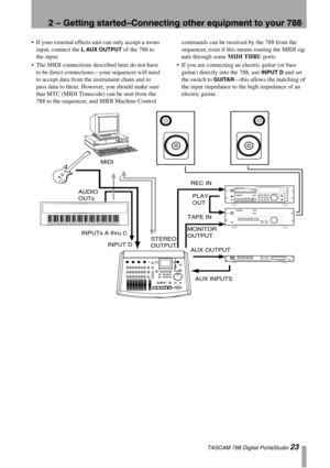 Page 232 – Getting started–Connecting other equipment to your 788
 TASCAM 788 Digital PortaStudio 23
If your external effects unit can only accept a mono 
input, connect the 
L AUX OUTPUT of the 788 to 
the input.
The MIDI connections described here do not have 
to be direct connections—your sequencer will need 
to accept data from the instrument chain and to 
pass data to them. However, you should make sure 
that MTC (MIDI Timecode) can be sent from the 
788 to the sequencer, and MIDI Machine Control...