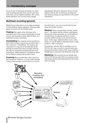 Page 88 TASCAM 788 Digital PortaStudio
1 – Introductory concepts
If you are new to disk-based recording or to multi-
track recording generally, there may be some ideas 
with which you are slightly unfamiliar. This section 
briefly introduces you to some of the concepts regarding the 788 and its operation. Even if you are 
familiar with the idea of multitrack recording and 
disk-based recording, you may find this to be a useful 
introduction.
Multitrack recording (general)
Multitrack recording allows you to...