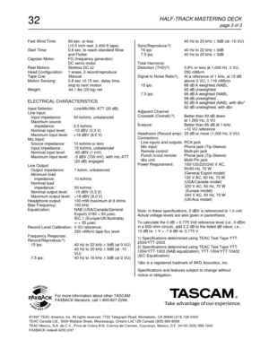 Page 340 Hz to 20 kHz ± 3dB (at -10 VU)
Sync/Reproduce:2)
   15 ips: 40 Hz to 22 kHz ± 3dB
   7.5 ips: 40 Hz to 20 kHz ± 3dB
Total Harmonic
Distortion (THD)
3): 0.8% or less at 1,000 Hz, 0 VU,
250 nWb/m
Signal to Noise Ratio
3): At a reference of 1 kHx, at 13 dB
above  0 VU, 1,116 nWb/m
   15 ips: 68 dB A weighted (NAB),
60 dB unweighted
   7.5 ips: 66 dB A weighted (NAB),
58 dB unweighted
92 dB A weighted (NAB), with dbx*
82 dB unwieghted, with dbx
Adjacent Channel
Crosstalk (Overall):
3) Better than 50 dB...