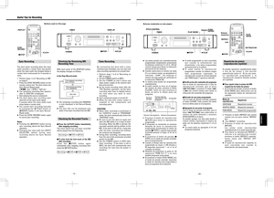 Page 12– 12 –
The deck starts recording when the input
audio exceeds a certain level and pauses
when the input audio has dropped below a
certain level continuously for 4 seconds or
more.
1. Perform steps 1-4 of Recording an MD
on page 8.
2. Press the [SYNC RECORD] button on the
remote control unit. The deck enters the
Sync Record-Ready mode.
(  and   light up.) 
…The remaining recording time appears
after S_SYNC ON is displayed.
3. Start playing the source component.
…The deck starts sync recording upon...