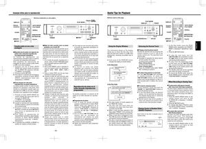 Page 13– 100 –
Es posible programar un máximo de 25
pistas en el orden deseado de reproduc-
ción.
ªProgramación de pistas
1. Con el modo de parada activado
presione repetidamente el botón [PLAY
MODE] hasta que aparezca en la
indicación PGM MODE. Después de
indicar PGM MODE la indicación
muestra 0m 00s 00p ( 
encendido).
2. Gire el disco [
µTRACK≤] de tal
manera que se enciendan los
indicadores del número de pista
deseado en el calendario musical y
presione el disco [PUSH ENTER].
…El número de pista parpadea....