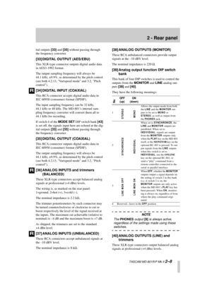 Page 19 
2 - Rear panel 
  TASCAM MD-801R/P Mk II  
2–8 
ital outputs  
[33] 
 and  
[35] 
 without passing through 
the frequency converter. 
[33] DIGITAL OUTPUT (AES/EBU) 
This XLR-type connector outputs digital audio data 
in AES3-1992  format.
The output sampling frequency will always be 
44.1 kHz, ±9.9%, as determined by the pitch control 
(see both 4.2.13, Varispeed mode and 3.2, Pitch 
control). 
[34] DIGITAL INPUT (COAXIAL) 
This RCA connector accepts digital audio data in 
IEC 60958 (consumer) format...