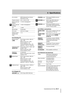 Page 46 
8 - Specifications 
  TASCAM MD-801R/P Mk II  
8–3 
8.2.2 Analog I/O
8.2.3 Digital I/O8.2.4 Other connections
8.2.5 General and electrical 
Error correction ACIRC (Advanced Cross Interleave 
Reed-Solomon Code)
Frequency response 20 Hz – 20 kHz ±0.5 dB
Signal-to-noise ratio 
(playback)>101 dB (1 kHz/weighted A)
Signal-to-noise ratio 
(recording)> 94 dB (1 kHz/weighted A)
THD < 0.006%
Wow and ﬂutter Unmeasurable
Pitch control ±9.9% (in 0.1% steps)
Playback rise time 
(from play ready 
mode)< 0.1s...