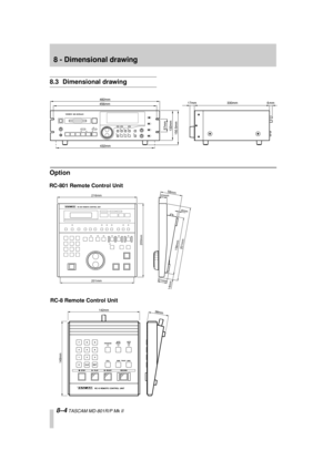 Page 47 
8 - Dimensional drawing 
8–4 
 TASCAM MD-801R/P Mk II 
8.3 Dimensional drawing 
RC-8 Remote Control Unit RC-801 Remote Control Unit 
Option 
216mm
200mm
58mm
156mm
201mm 14mm
4mm
21mm
201mm22mm 