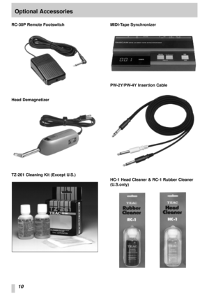 Page 1010
Optional Accessories
RC-30P Remote Footswitch
Head Demagnetizer
TZ-261 Cleaning Kit (Except U.S.)MIDI-Tape Synchronizer
PW-2Y/PW-4Y Insertion Cable
HC-1 Head Cleaner & RC-1 Rubber Cleaner
(U.S.only)  