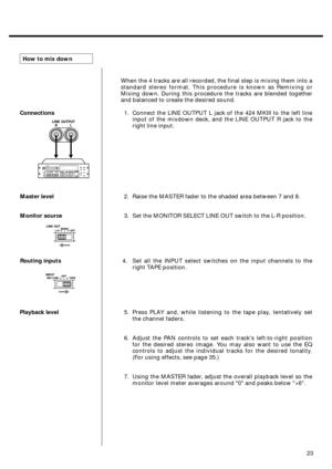 Page 2123 Connections
Master level
Monitor source
Routing inputs
Playback levelHow to mix down
When the 4 tracks are all recorded, the final step is mixing them into a
standard stereo format. This procedure is known as Remixing or
Mixing down. During this procedure the tracks are blended together
and balanced to create the desired sound.
1. Connect the LINE OUTPUT L jack of the 424 MKIII to the left line
input of the mixdown deck, and the LINE OUTPUT R jack to the
right line input.
2. Raise the MASTER fader to...