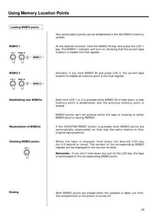 Page 2325
Using Memory Location Points
MEMO 1
MEMO 2
Establishing new MEMOs
Recalculation of MEMOs
Checking MEMO points
ErasingLoading MEMO points
Two autolocation points can be established in the 424 MKIIIs memory
system.
At the desired moment, hold the MEMO IN key and press the LOC 1
key. The MEMO 1 indicator will turn on, showing that the current tape
location is loaded into that register.
Similarly, if you hold MEMO IN and press LOC 2, the current tape
location is loaded as memory point 2 into that...