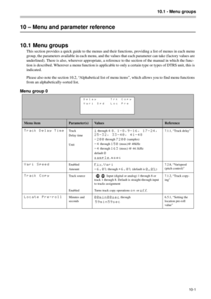 Page 6510.1 - Menu groups
10-1
10 – Menu and parameter reference
10.1 Menu groups
This section provides a quick guide to the menus and their functions, providing a list of menus in each menu 
group, the parameters available in each menu, and the values that each parameter can take (factory values are 
underlined). There is also, wherever appropriate, a reference to the section of the manual in which the func-
tion is described. Wherever a menu function is applicable to only a certain type or types of DTRS unit,...
