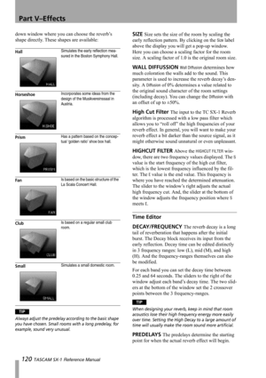 Page 120Part V–Effects
120 TASCAM SX-1 Reference Manual
down window where you can choose the reverb’s 
shape directly. These shapes are available:
TIP
Always adjust the predelay according to the basic shape 
you have chosen. Small rooms with a long predelay, for 
example, sound very unusual.
SIZE Size sets the size of the room by scaling the 
early reflection pattern. By clicking on the 
Size label 
above the display you will get a pop-up window. 
Here you can choose a scaling factor for the room 
size. A...