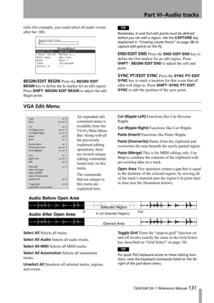 Page 131Part VI–Audio tracks
 TASCAM SX-1 Reference Manual 131
rules (for example, you could select all audio events 
after bar 108).
BEGIN/EDIT BEGIN Press the BEGIN/ EDIT 
BEGIN
 key to define the In marker for an edit region. 
Press 
SHIFT+BEGIN/ EDIT BEGIN to adjust the edit 
Begin point.
TIP
Remember, In and Out edit points must be defined 
before you can edit a region. Use the 
CAPTURE key 
(explained in “Creating Locate Points” on page 38) to 
capture edit points on the fly.
END/EDIT END Press the END/...