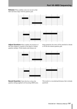 Page 141Part VII–MIDI Sequencing
 TASCAM SX-1 Reference Manual 141
Releases When enabled, notes are moved so that 
their end times align with the quantize grid.
Adjust Durations When enabled, the duration of 
the notes change to conform to the attack or release 
quantize settings. If both attacks and releases are being quantized, the notes will be stretched or shrunk 
to fit into the nearest quantize grid.
Record Quantize Check this box to have the 
quantize settings applied to all incoming MIDI notes. This...