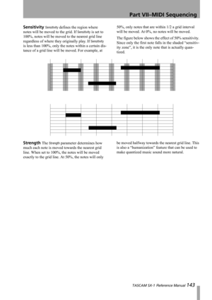 Page 143Part VII–MIDI Sequencing
 TASCAM SX-1 Reference Manual 143
Sensitivity Sensitivity defines the region where 
notes will be moved to the grid. If 
Sensitivity is set to 
100%, notes will be moved to the nearest grid line 
regardless of where they originally play. If 
Sensitivity 
is less than 100%, only the notes within a certain dis-
tance of a grid line will be moved. For example, at 50%, only notes that are within 1/2 a grid interval 
will be moved. At 0%, no notes will be moved. 
The figure below...