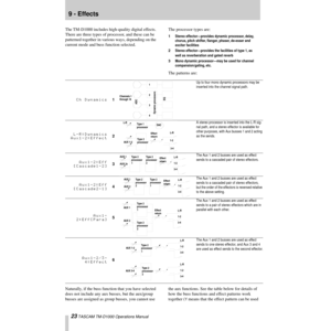 Page 2323 TASCAM TM-D1000 Operations Manual
9 - Effects
The TM-D1000 includes high-quality digital effects. 
There are three types of processor, and these can be 
patterned together in various ways, depending on the 
current mode and buss function selected.The processor types are:
The patterns are:
Naturally, if the buss function that you have selected 
does not include any aux busses, but the aux/group 
busses are assigned as group busses, you cannot use the aux functions. See the table below for details of...
