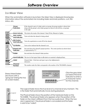 Page 13Software Overview
3.6 Mixer View
When the automation softwar e is launched, the Mixer View is displayed showing key
information about the automated mix including fader and knob positions, cuts,\
 EQ
status, etc.
Group
Indicators
 If the channel is part of a fader and/or cut group, the group number is \
shown here
along with the groups color (fader groups are shown in the left box, c\
ut groups
in the right
Mode Indicator This shows the mode of the channel:  Read, Write, Manual or Update.
Solo control...