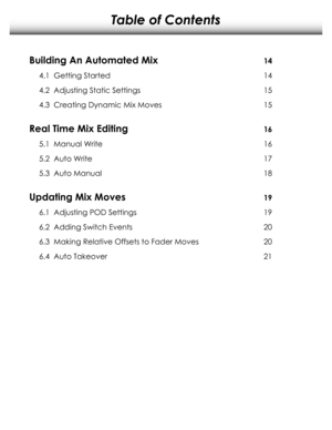 Page 3Table of Contents
Building An Automated Mix
4.1  Getting Started
4.2  Adjusting Static Settings
Real Time Mix Editing
5.1  Manual Write
5.2  Auto Write
5.3  Auto Manual
6.1  Adjusting POD Settings
6.2  Adding Switch Events
6.3  Making Relative Offsets to Fader Moves
6.4  Auto Takeover
4.3  Creating Dynamic Mix Moves
Updating Mix Moves
14
15
15
14
16
16
17
18
19
19
20
20
21 