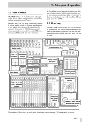 Page 13 
2–1 
2 - Principles of operation 
2.1 User interface 
The TM-D4000 is a 36-channel console with eight 
output busses, 4-band fully parametric equalization 
on each channel and six aux sends.
However, when you look at the console and compare 
it with an analog console of the same speciﬁcations, 
it may appear that some controls are missing. For 
example, there would be 408 EQ rotary controls 
alone on an analog console (12 on each of 32 mono 
channels and 12 on each of 2 stereo channels).In fact, all...