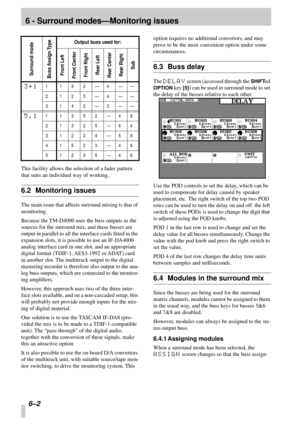 Page 38 
6 - Surround modes—Monitoring issues 
6–2 
This facility allows the selection of a fader pattern 
that suits an individual way of working. 
6.2 Monitoring issues 
The main issue that affects surround mixing is that of 
monitoring. 
Because the TM-D4000 uses the buss outputs as the 
sources for the surround mix, and these busses are 
output in parallel to all the interface cards ﬁtted in the 
expansion slots, it is possible to use an IF-DA4000 
analog interface card in one slot, and an appropriate...