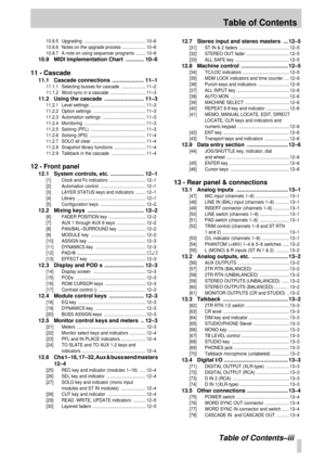 Page 6 
Table of Contents 
 Table of Contents–iii 
10.8.5 Upgrading .................................................. 10–6
10.8.6 Notes on the upgrade process  ................... 10–6
10.8.7 A note on using sequencer programs  ........ 10–6
 
10.9  MIDI Implementation Chart  ............ 10–6 
11 - Cascade 
11.1 Cascade connections ..................... 11–1 
11.1.1 Selecting busses for cascade  .................... 11–2
11.1.2 Word sync in a cascade  ............................. 11–3
 
11.2  Using the...