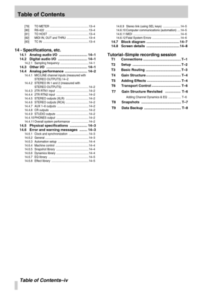 Page 7 
Table of Contents
 
Table of Contents–iv 
 
[79]TO METER .................................................13 –4
[80]RS-422 .......................................................13 –4
[81]TO HOST ...................................................13 –4
[82]MIDI IN, OUT and THRU ............................13 –4
[83]TC IN ..........................................................13 –4
 
14 - Specifications, etc.
 
14.1 Analog audio I/O .............................14 –1
14.2 Digital audio I/O...