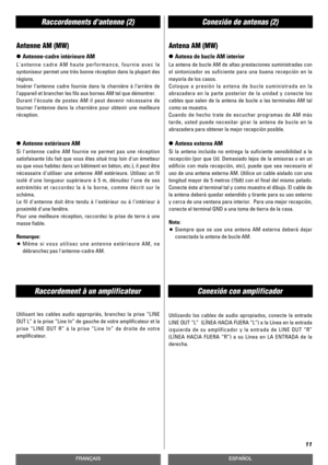 Page 11Raccordements dantenne (2)Conexión de antenas (2)
Raccordement à un amplificateurConexión con amplificador
11
FRANÇAISESPAÑOL
Antenne AM (MW) 
>Antenne-cadre intérieure AM
Lantenne cadre AM haute performance, fournie avec le
syntoniseur permet une très bonne réception dans la plupart des
régions.
Insérer l’antenne cadre fournie dans la charnière à l’arrière de
l’appareil et brancher les fils aux bornes AM tel que démontrer.
Durant l’écoute de postes AM il peut devenir nécessaire de
tourner l’antenne dans...