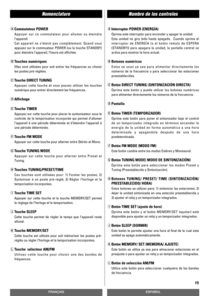 Page 15NomenclatureNombre de los controles
15
FRANÇAISESPAÑOL
aCommutateur POWER
Appuyer sur ce commutateur pour allumer ou éteindre
l’appareil.
Cet appareil ne s’éteint pas complètement. Quand vous
appuyez sur le commuateur POWER (ou la touche STANDBY)
pour éteindre l’appareil, l’heure est affichée.
bTouches numériques
Elles sont utilisées pour soit entrer les fréquences ou choisir
les postes pré-réglées.
cTouche DIRECT TUNING
Appuyez cette touche et vous pouvez utiliser les touches
numériqus pour entrer...