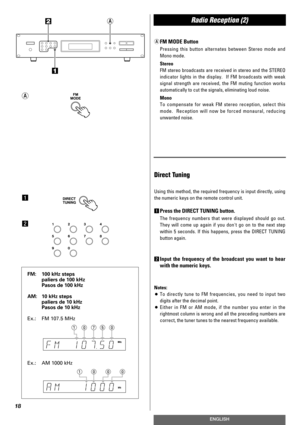 Page 18Radio Reception (2)
18
ENGLISH
aFM MODE Button
Pressing this button alternates between Stereo mode and
Mono mode.
Stereo
FM stereo broadcasts are received in stereo and the STEREO
indicator lights in the display.  If FM broadcasts with weak
signal strength are received, the FM muting function works
automatically to cut the signals, eliminating loud noise.
Mono
To compensate for weak FM stereo reception, select this
mode.  Reception will now be forced monaural, reducing
unwanted noise.
a
Direct Tuning...
