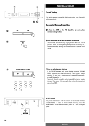 Page 20Radio Reception (3)
20
ENGLISH
Preset Tuning
This facility is used to store FM, AM broadcasting from Channel 1
to 30 respectively.
Automatic Memory Presetting
1Select the AM or the FM band by pressing the
corresponding button.
2Hold down the MEMORY/SET button for a while. 
AUTOSAVE is momentarily displayed and the auto preset
process starts, scanning through frequencies searching for,
and automatically storing, receivable stations in presets from
1 to 30.
aHow to select preset stations
If the PRESET...