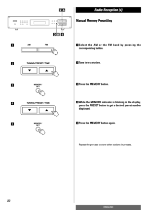 Page 22Radio Reception (4)
22
ENGLISH
Manual Memory Presetting
1Select the AM or the FM band by pressing the
corresponding button.
2Tune in to a station.
3Press the MEMORY button.
4While the MEMORY indicator is blinking in the display,
press the PRESET button to get a desired preset number
displayed.
5Press the MEMORY button again. 
Repeat the process to store other stations in presets.
1
2
3
4
5 
