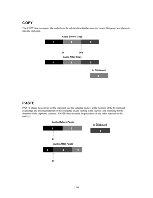 Page 112110
COPY
The COPY function copies the audio from the selected track(s) between the In and Out points and places it
into the clipboard.
PASTE
PASTE places the contents of the clipboard into the selected track(s) at the position of the In point and
overwrites any existing material on those selected tracks starting at the In point and extending for the
duration of the clipboard contents.  PASTE does not alter the placement of any other material on the
track(s). 