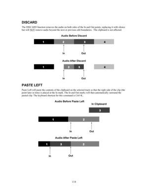 Page 116114
DISCARD
The DISCARD function removes the audio on both sides of the In and Out points, replacing it with silence
but will NOT remove audio beyond the next or previous edit boundaries.  The clipboard is not affected.
PASTE LEFT
Paste Left will paste the contents of the clipboard on the selected track so that the right side of the clip (the
point later in time) is placed at the In mark. The In and Out marks will then automatically surround the
pasted clip. The keyboard shortcut for this command is...