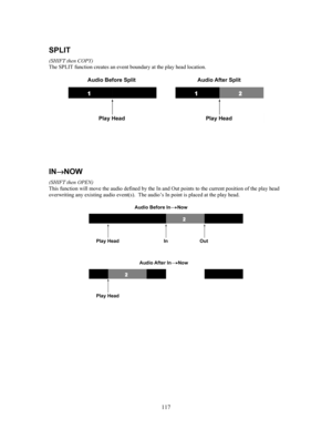 Page 119117
SPLIT
(SHIFT then COPY)
The SPLIT function creates an event boundary at the play head location.
IN→
→→ →NOW
(SHIFT then OPEN)
This function will move the audio defined by the In and Out points to the current position of the play head
overwriting any existing audio event(s).  The audio’s In point is placed at the play head. 