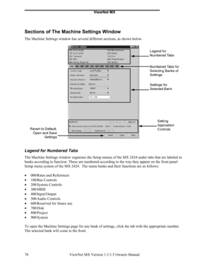 Page 78ViewNet MX
ViewNet MX Version 1.1/1.5 Owners Manual 78
Sections of The Machine Settings Window
The Machine Settings window has several different sections, as shown below.
Legend for Numbered Tabs
The Machine Settings window organizes the Setup menus of the MX 2424 under tabs that are labeled in
banks according to function. These are numbered according to the way they appear on the front panel
Setup menu system of the MX 2424.  The menu banks and their functions are as follows:
• 
000 Rates and...