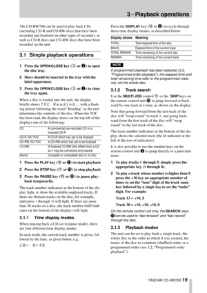 Page 15TASCAM CD-RW700 15
3 - Playback operations
The CD-RW700 can be used to play back CDs 
(including CD-R and CD-RW discs that have been 
recorded and ﬁnalized on other types of recorder), as 
well as CD-R discs and CD-RW discs that have been 
recorded on the unit.
3.1 Simple playback operations
1Press the OPEN/CLOSE key (3 or 2) to open 
the disc tray.
2Discs should be inserted in the tray with the 
label uppermost.
3Press the 
OPEN/CLOSE key (3 or 2) to close 
the tray again.
When a disc is loaded into the...