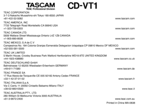 Page 16Printed in China MA-0838
TEAC CORPORATION3-7-3 Nakacho Musashino-shi Tokyo 180-8550 JAPAN+81-422-52-5082  www.tascam.com
TEAC AMERICA, INC7733 Telegraph Road Montebello CA 90640 USA+1-323-726-0303   www.tascam.com
TEAC CANADA LTD.5939 Wallace Street Mississauga Ontario L4Z 1Z8 CANADA+1-905-890-8008   www.tascam.com
TEAC MEXICO, S.A de C.VCampesinos No. 184 Colonia Granjas Esmeralda Delegacion Iztapalapa CP  09810 Mexico DF MEXICO+52-555-581-5500   www.tascam.com
TEAC UK LIMITED5 Marlin House, Croxley...