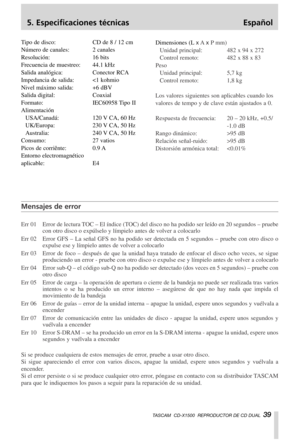 Page 395. Especificaciones técnicas Español
TASCAM  CD-X1500  REPRODUCTOR DE CD DUAL  39
Tipo de disco: CD de 8 / 12 cm
Número de canales: 2 canales
Resolución: 16 bits
Frecuencia de muestreo: 44.1 kHz
Salida analógica: Conector RCA
Impedancia de salida: 95 dB
Relación señal-ruido: >95 dB
Distorsión armónica total: 