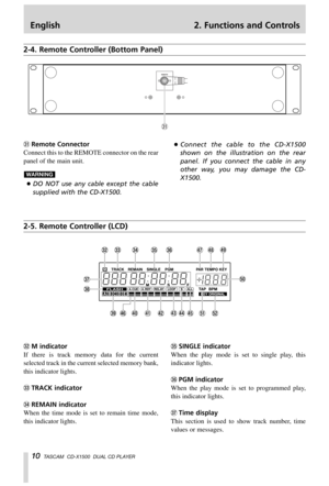 Page 10English 2. Functions and Controls
10TASCAM  CD-X1500  DUAL CD PLAYER
zRemote Connector
Connect this to the REMOTE connector on the rear
panel of the main unit.
…DO NOT use any cable except the cable
supplied with the CD-X1500.
WARNING
…Connect the cable to the CD-X1500
shown on the illustration on the rear
panel. If you connect the cable in any
other way, you may damage the CD-
X1500.
2-4. Remote Controller (Bottom Panel)
2-5. Remote Controller (LCD)
xM indicator
If there is track memory data for the...