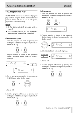 Page 214. More advanced operation English
TASCAM  CD-X1700  DUAL CD PLAYER  21
4-12. Programmed Play
The CD-X1700 features up to 30 tracks of program
play function.  Program itself is maintained even if
power is turned off, and if CD is not ejected,
program list will be backed up.
…If the disc is ejected, program will be
erased.
…Once one of the CUE 1-3 key is pressed,
programmed play will be cancelled.
Create the program
1. Enter the program edit mode by pressing and
holding the SHIFT key then pressing the...