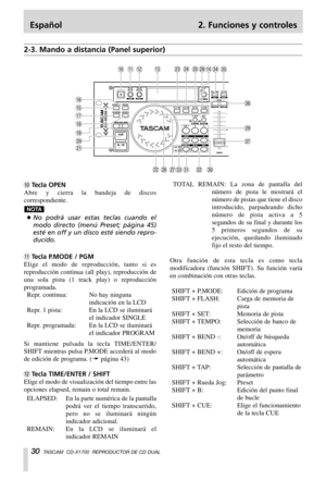 Page 30Español 2. Funciones y controles
30TASCAM  CD-X1700  REPRODUCTOR DE CD DUAL
2-3. Mando a distancia (Panel superior)
0Tecla OPEN
Abre y cierra la bandeja de discos
correspondiente.
…No podrá usar estas teclas cuando el
modo directo (menú Preset; página 45)
esté en off y un disco esté siendo repro-
ducido.
qTecla P.MODE / PGM
Elige el modo de reproducción, tanto si es
reproducción continua (all play), reproducción de
una sola pista (1 track play) o reproducción
programada.
Repr. continua: No hay ninguna...