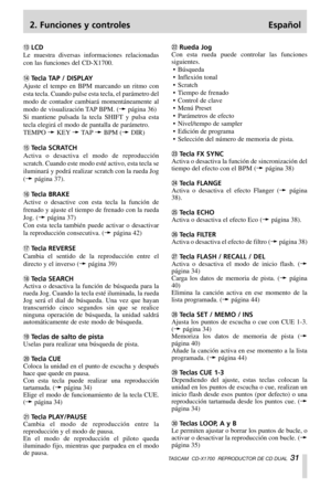 Page 312. Funciones y controles Español
TASCAM  CD-X1700  REPRODUCTOR DE CD DUAL  31
eLCD
Le muestra diversas informaciones relacionadas
con las funciones del CD-X1700.
rTecla TAP / DISPLAY
Ajuste el tempo en BPM marcando un ritmo con
esta tecla. Cuando pulse esta tecla, el parámetro del
modo de contador cambiará momentáneamente al
modo de visualización TAP BPM. (∑página 36)
Si mantiene pulsada la tecla SHIFT y pulsa esta
tecla elegirá el modo de pantalla de parámetro.
TEMPO ∑KEY∑TA P∑BPM (∑DIR)
tTecla SCRATCH...