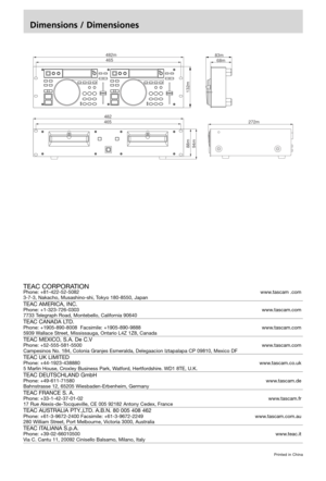 Page 48Dimensions / Dimensiones
TEAC CORPORATION Phone: +81-422-52-5082www.tascam .com
3-7-3, Nakacho, Musashino-shi, Tokyo 180-8550, Japan
TEAC AMERICA, INC.
Phone: +1-323-726-0303www.tascam.com
7733 Telegraph Road, Montebello, California 90640
TEAC CANADA LTD.
Phone: +1905-890-8008  Facsimile: +1905-890-9888 www.tascam.com
5939 Wallace Street, Mississauga, Ontario L4Z 1Z8, Canada
TEAC MEXICO, S.A. De C.V
Phone: +52-555-581-5500www.tascam.com
Campesinos No. 184, Colonia Granjes Esmeralda, Delegaacion...