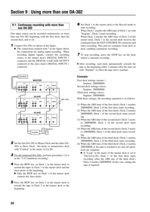 Page 2526
Section 9 : Using more than one DA-302
One input source can be recorded continuously on more
than one DA-302 beginning with the first deck, then the
second deck, and so on. 
1Connect DA-302s as shown in the figure.
áThe connections marked with * in the figure shows
the connections for analog signal recording.  When
recording digital signals, connect the recording
source to the master decks DIGITAL INPUTS 1
connector and the DIGITAL CASCADE OUTPUT
connector to the slave decks DIGITAL INPUTS 1...